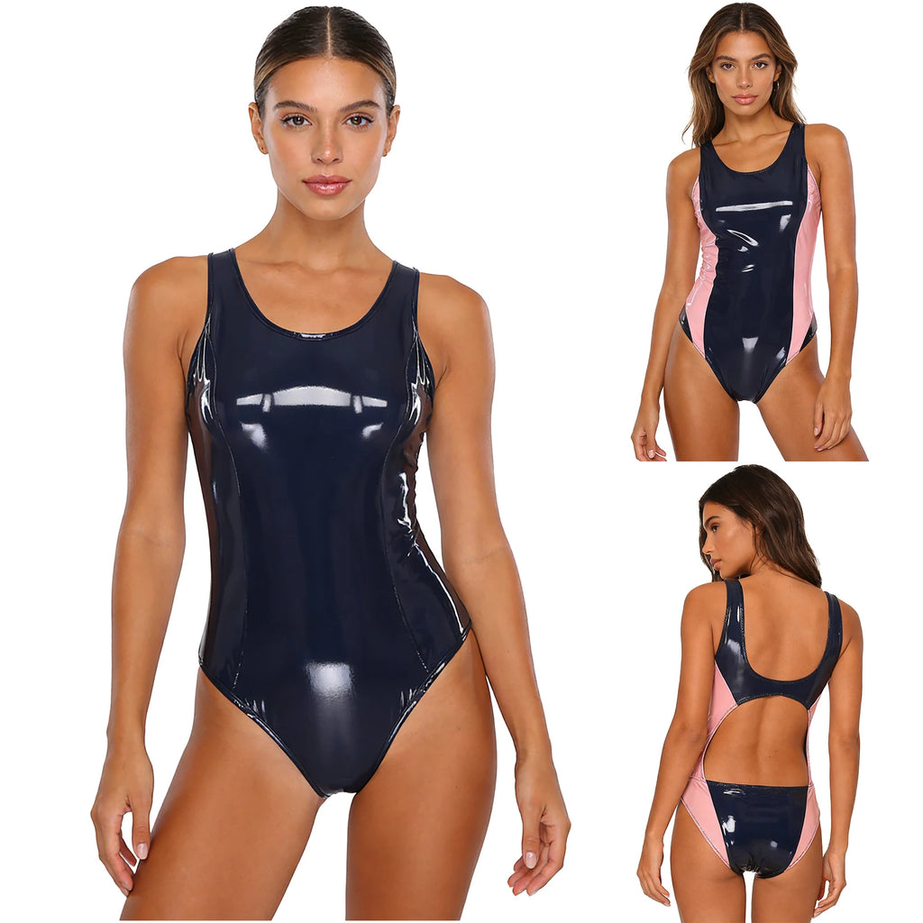 Women Wet Look PU Leather Bodysuit Swimsuit Bathing Suit Leotard Crew Neck Sleeveless Bodycon Jumpsuit for Raves Club Pool Party