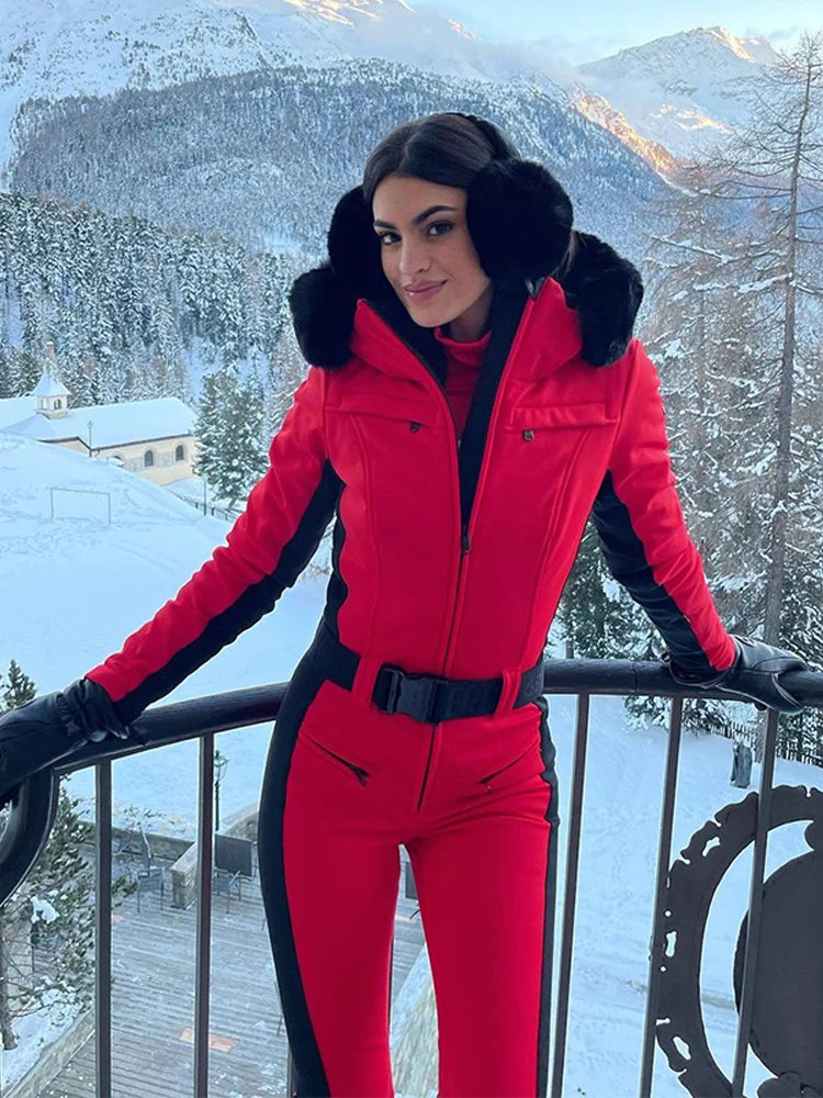 Fur-Trimmed Hooded Belted One-Piece Ski Suit Slim Windproof Water-Resistant Cuff 2025 Winter Fashion Women Fashion Snow Bodysuit