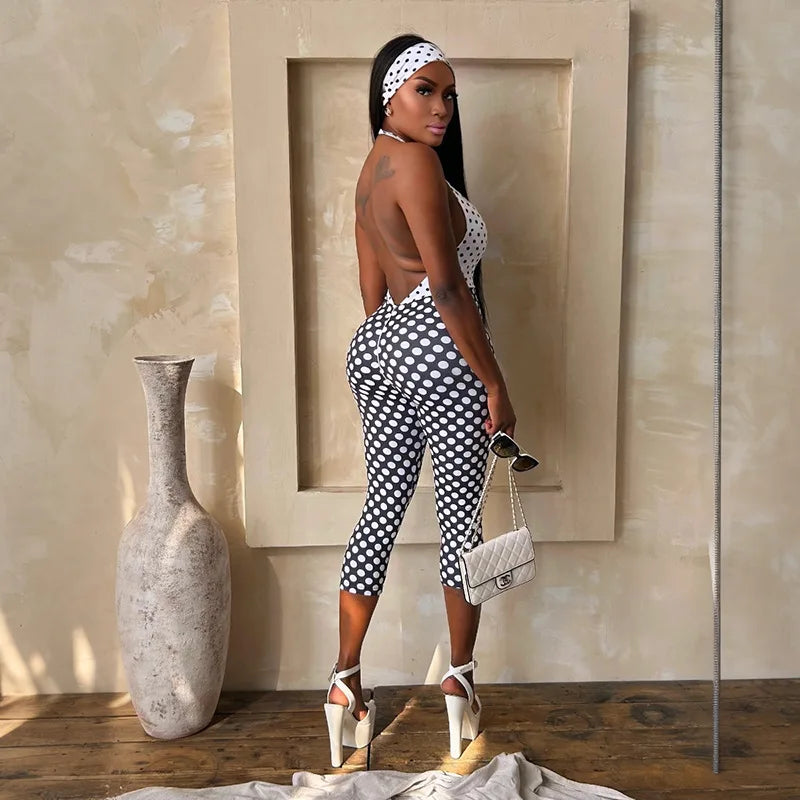 Polka Dots Print Playsuit Woman Clothes Halter Backless Patchwork Skinny 2026 Summer Sexy Skinny Stretch Rompers with Headband