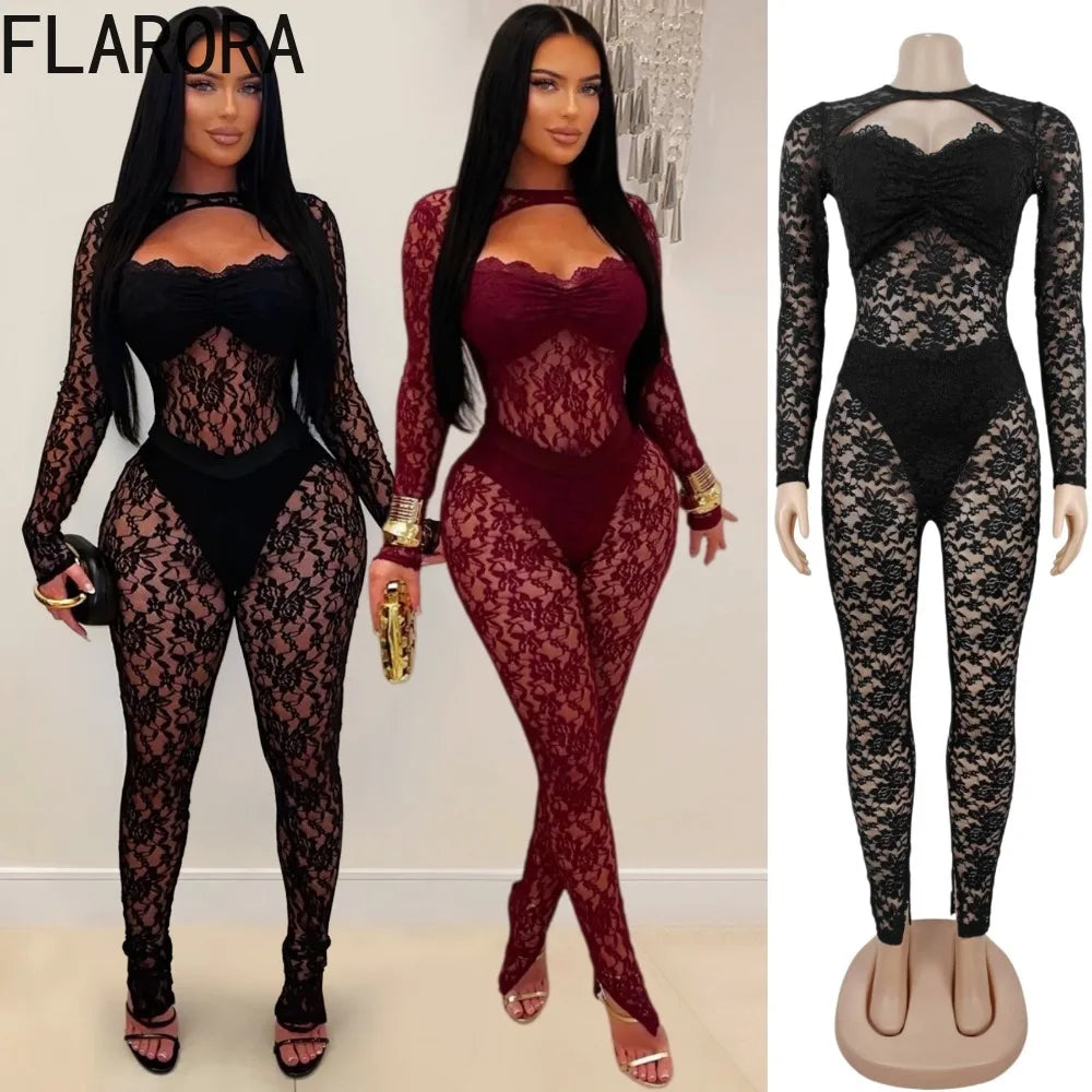 FLARORA Sexy Lace Hollow See Through Jumpsuits Woman O Neck Full Sleeve Peach Hip Slim Jumpsuit Midnight Party Clubwear Overalls