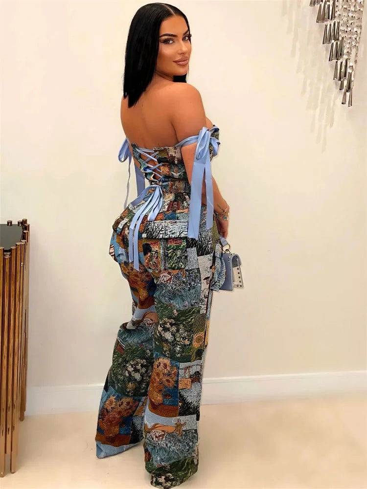 kliou Panelled Trend Print Women 2 Piece Set Attractive Bandage Off Shoulder Tops+Elastic Waist Loose Pants Female New Outfits