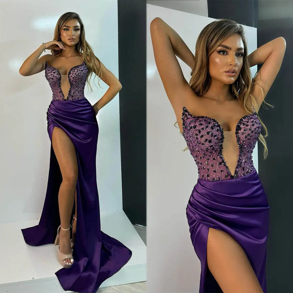 Sexy Mermaid Evening Dress Sequins Crystal Strapless Sleeveless Prom Gown High Split Sweep Train Formal Dresses Custom Made