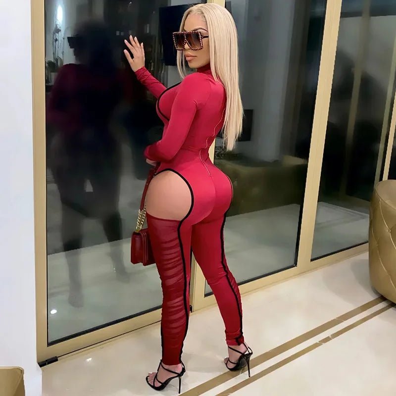 Sexy Mesh Patchwork Evening Jumpsuit Birthday Outfits for Women Party Night Long Sleeve Sheer Bodycon Rompers Womens Jumpsuit