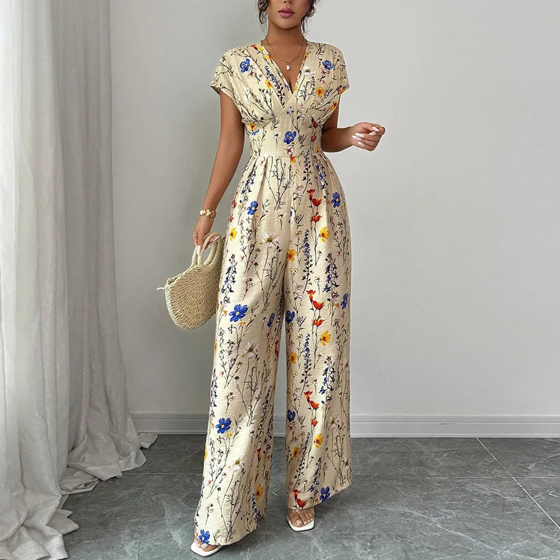 Spring and Summer Women's European and American Classic Elegant Fresh Flower Print Short Sleeve High Waist Straight Leg Jumpsuit