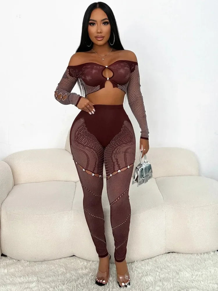 Leosoxs Sexy Thick Women 2Piece Set Chic Hollow Rhinestones Slash Neck Crop Tops+Patchwork Leggings Stretch Matching Clubwear