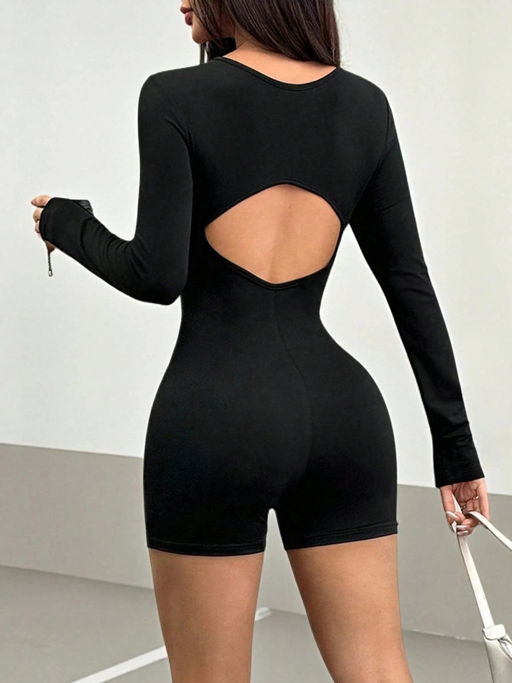 Spicy Style Black Zippered Jumpsuit Shorts - Stretchy Slim Fit + Long Sleeves, Skin-Friendly, Versatile and Timeless for Daily C
