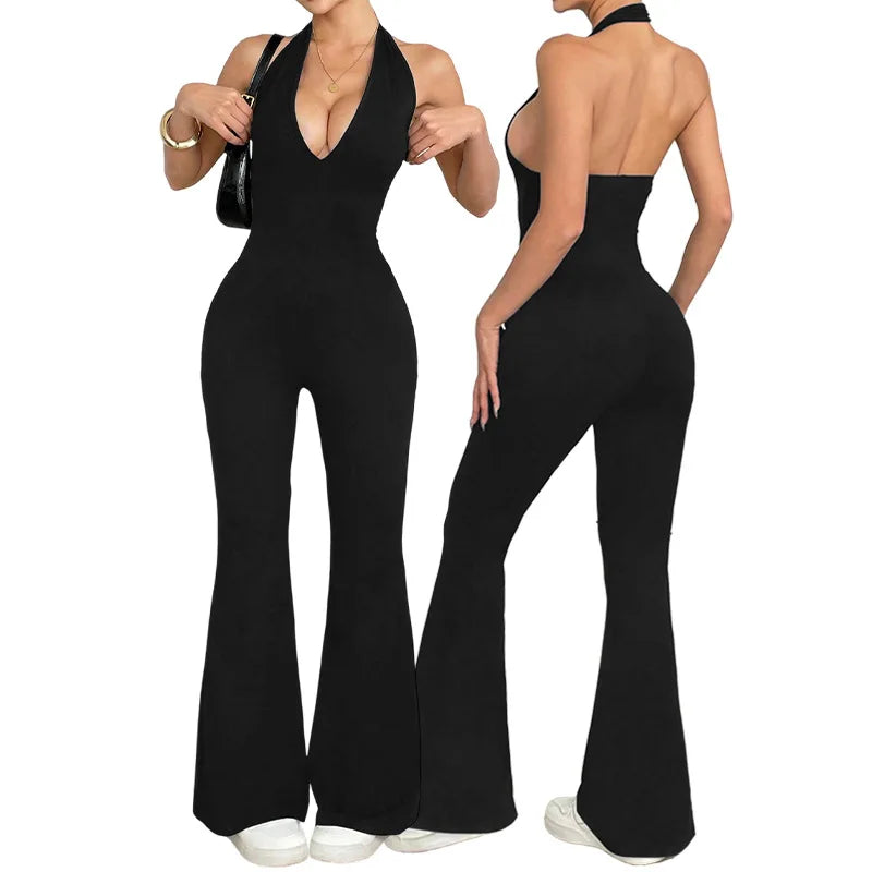Halter V-neck Gym jumpsuits for woman Vintage Backless Hollow Out Cheap Clothes Tanks Flared Pants Sport Yoga Jumpsuits Women