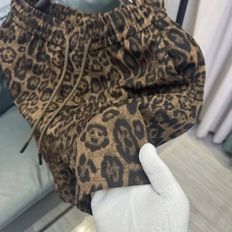 American Retro Leopard Print Shorts Men's Elastic Waist Hip-Hop Street with Pocket Casual Shorts Sportswear Straight-leg Shorts