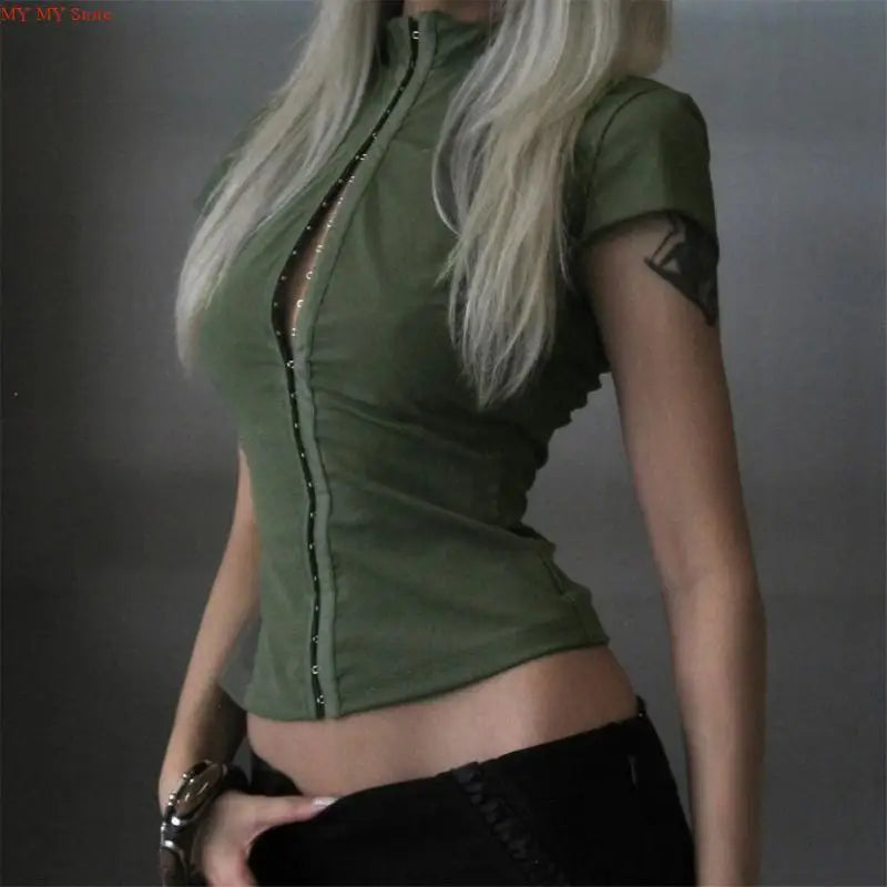Women's Summer Short Sleeve Shirt Front Hook and Eye Closure Blouse Collared Ribbed Kintted Crop Top Goings Out Tops