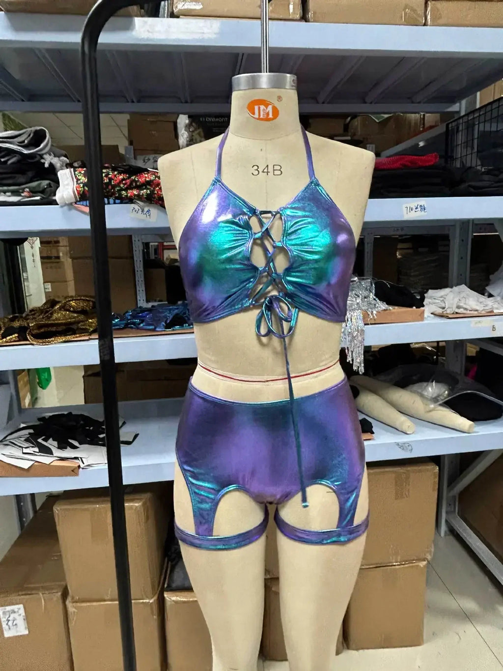 Sexy Blue Laser Bikini Set Women Shiny Bandage Push Up Vest Leg Loop High Waist Shorts Two-piece Swimsuit Bathing Suit Swimwear