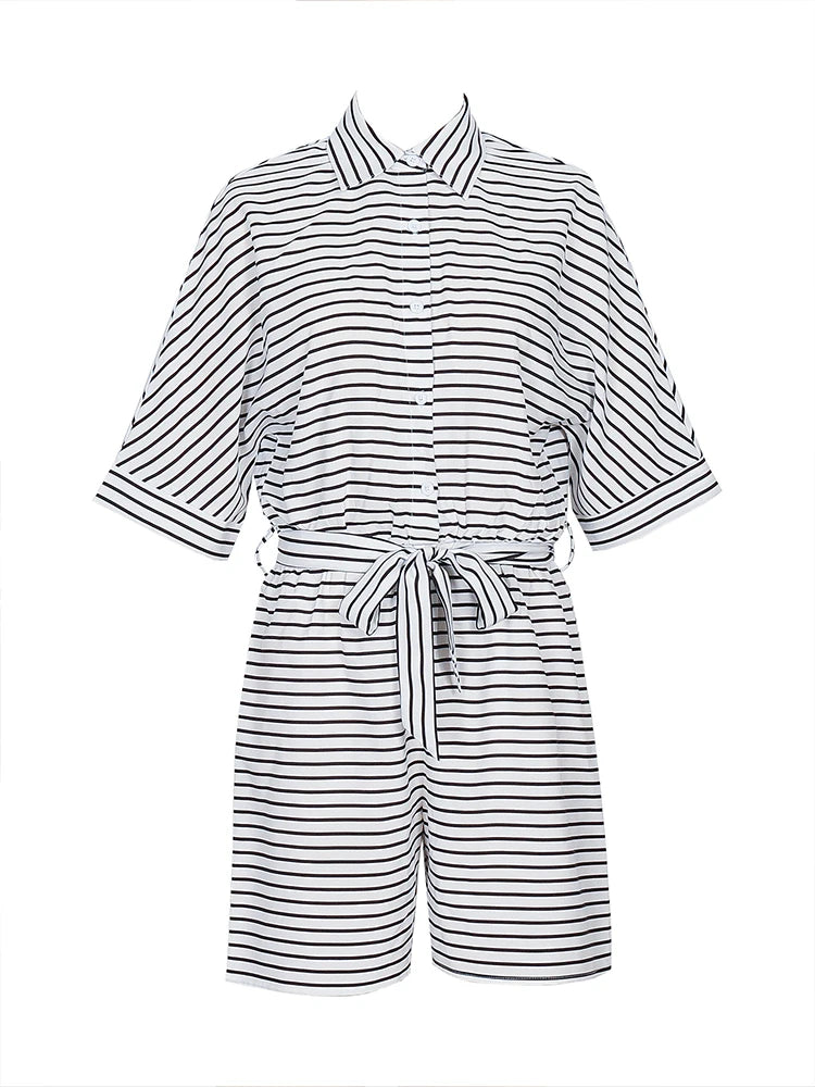 Women's Striped Short Sleeve Romper, Turn-Down Collar Tie Waist Short Jumpsuit, Casual Beach Outfit for Summer Vacation