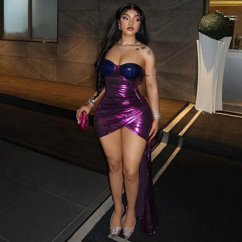 2025 Autumn New Sexy Spice Ice Silk Splicing Tube Top Irregular Hip Wrap Dress Women's Nightclub Mini Purple