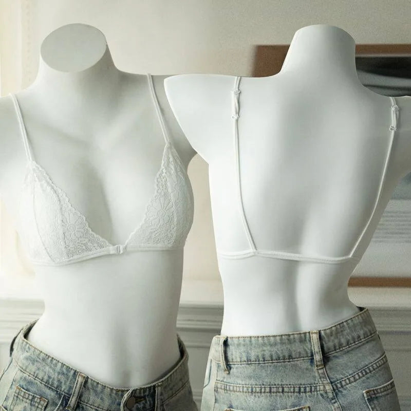 French-style Sensual Lingerie with Thin Lace, Back Zipper, Wireless Pure Cup, Ultra-thin Comfy Triangle Cups for Small Bust Fit