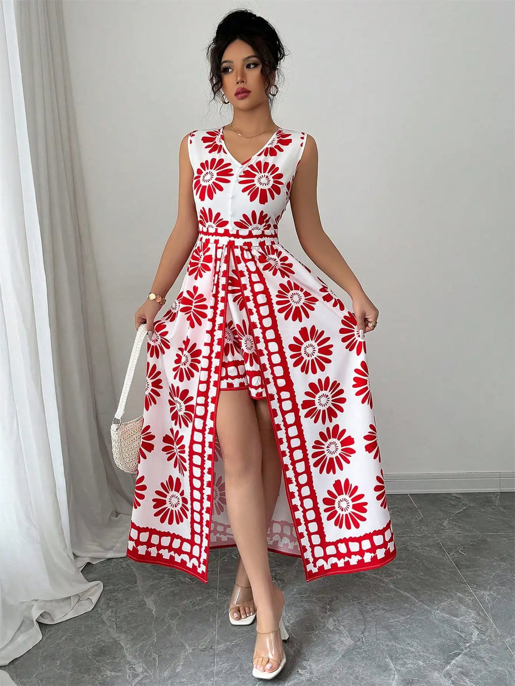 Women's spring and summer beach vacation style casual and elegant contrasting color all-over retro print sleeveless jumpsuit
