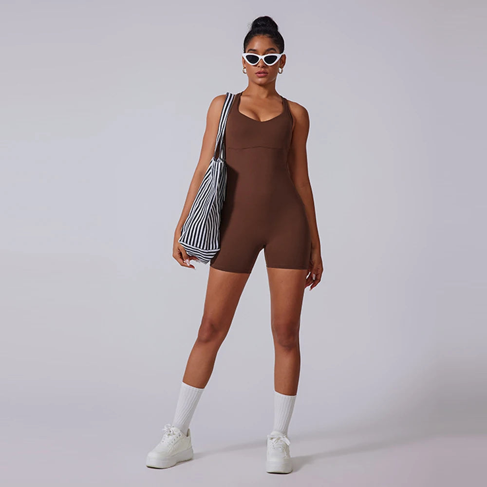 Sexy Cross Hollow Backless Fitness Short Overalls Playsuit Women One Piece Summer Outfits Gym Romper Yoga Sports Short Jumpsuit