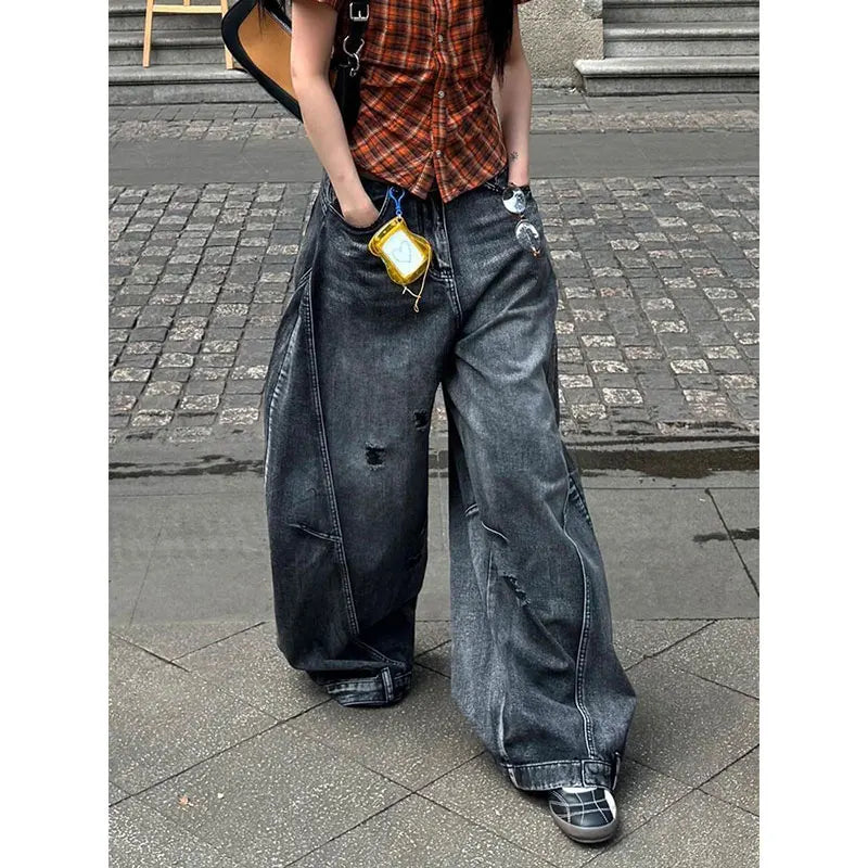 Black Jeans Women Vintage High Waisted Cargo Jeans Straight 2025 Summer Casual Loose Big Size Wide Leg Denim Baggy Pants Y2K
