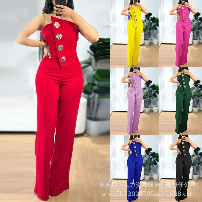 New Strapless Irregular Hem Jumpsuit Wide Leg Pants