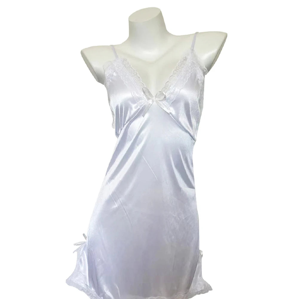 Sexy Backless Nightgown Lingerie Women Satin Suspender Nightdress Thong Pajama Thin Lace Slit Bow Home Wear Loungewear