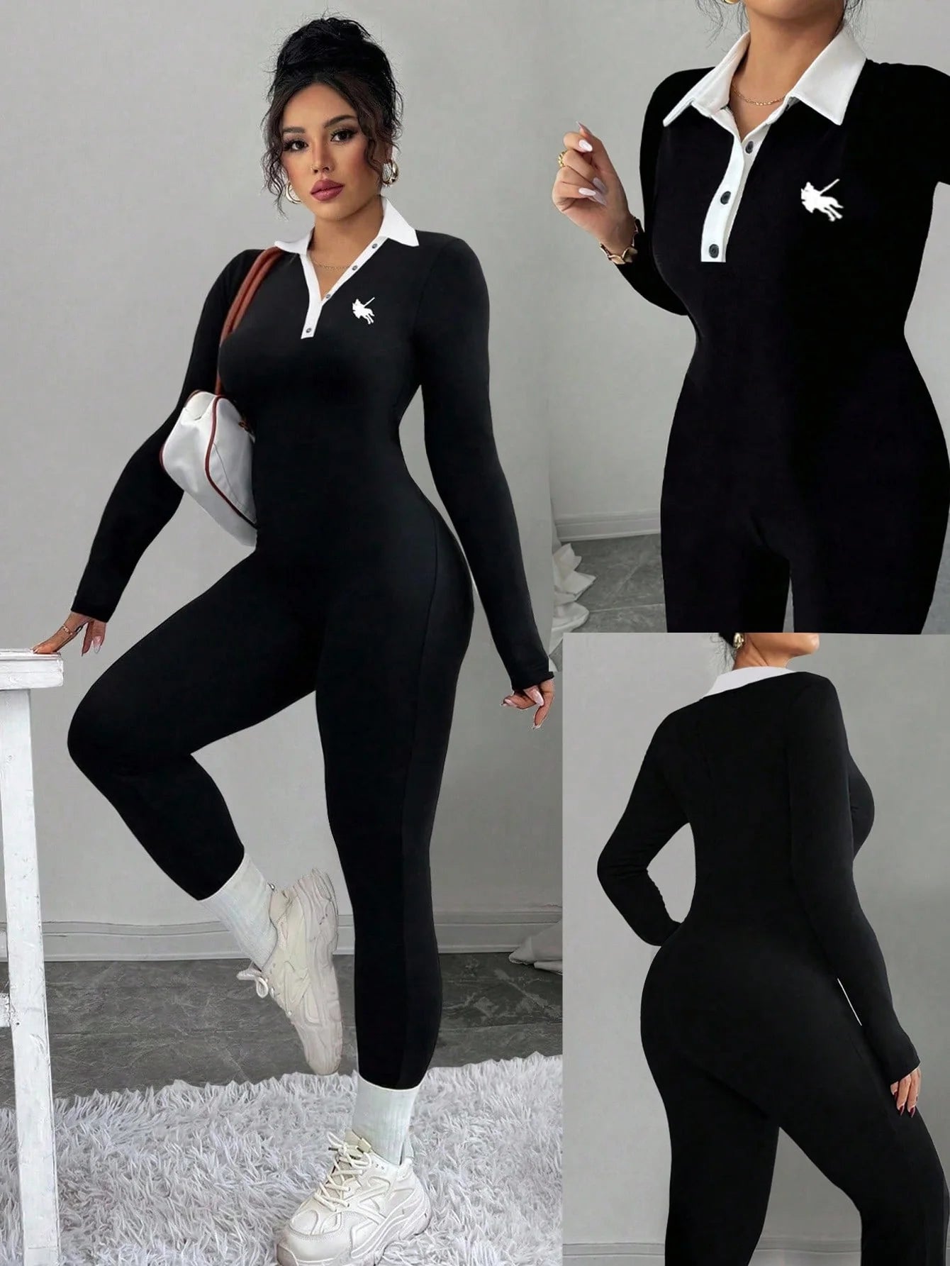Plus Size Embroidery Contrast Collar Jumpsuit 2026 Black White Long Sleeve Slim Fit Casual Jumpsuit