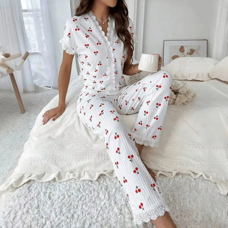Lace Trim Women Pajama Set Short Sleeve Front Button Top & Full-Length Pants Cherry Print 2 Pieces Sleepwear Nightwear Homewear
