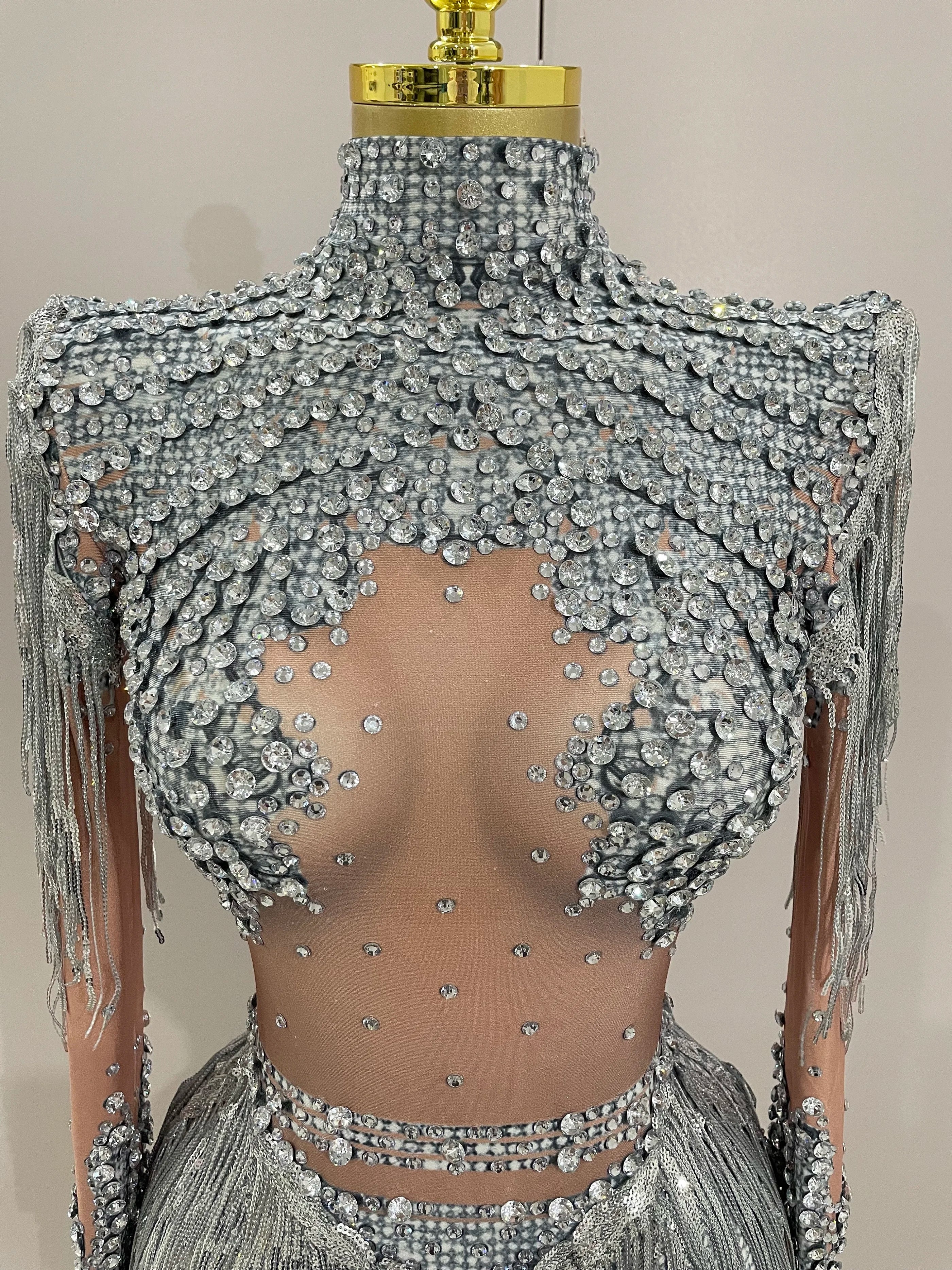 Women Sparkly Rhinestone Sequin Tassel Stretch Bodysuits 2025 New Arrival Birthday Party Nightclub Dj Stage Performance Costume
