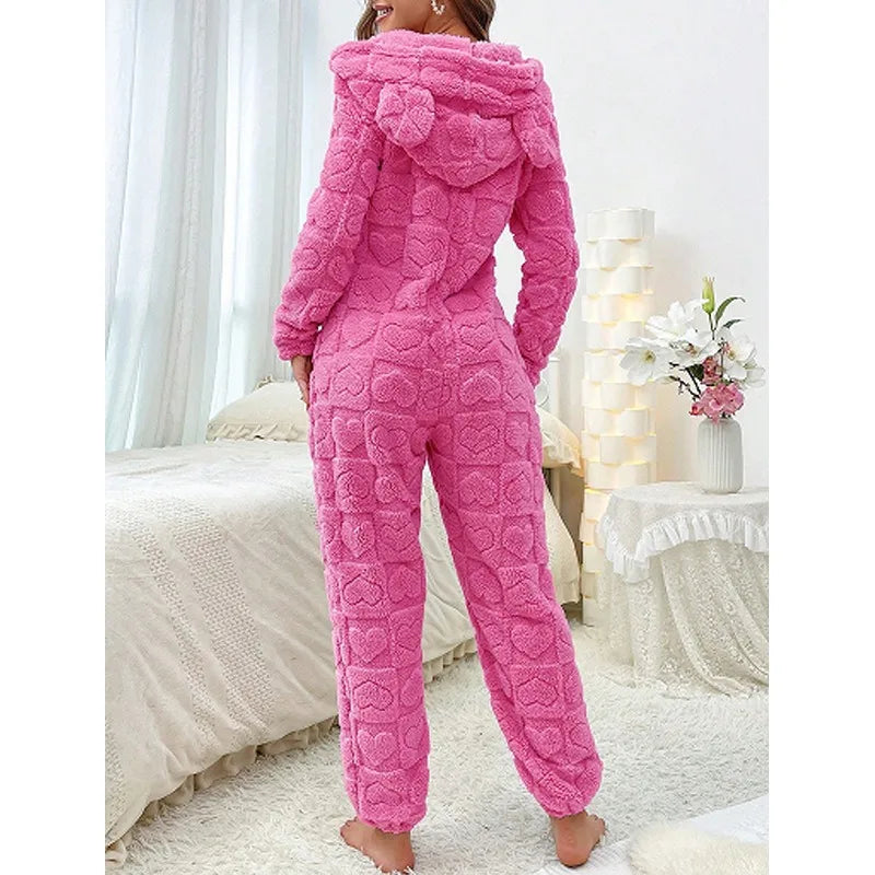 Women's Soft Coral Velvet Jacquard Warm Pajama Winter Loungewear Hoodie Onesie pajamas Valentine's Day Gift