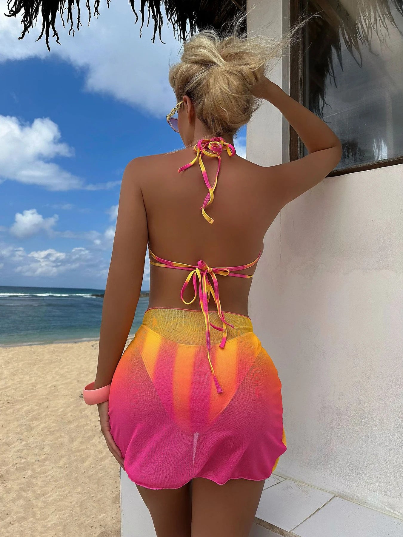 2025 New Sexy Gradient Color Three Pieces Bikini Set Swimsuit For Women Mesh Skirt Bathing Suits Summer Beach Wear Swimming Suit