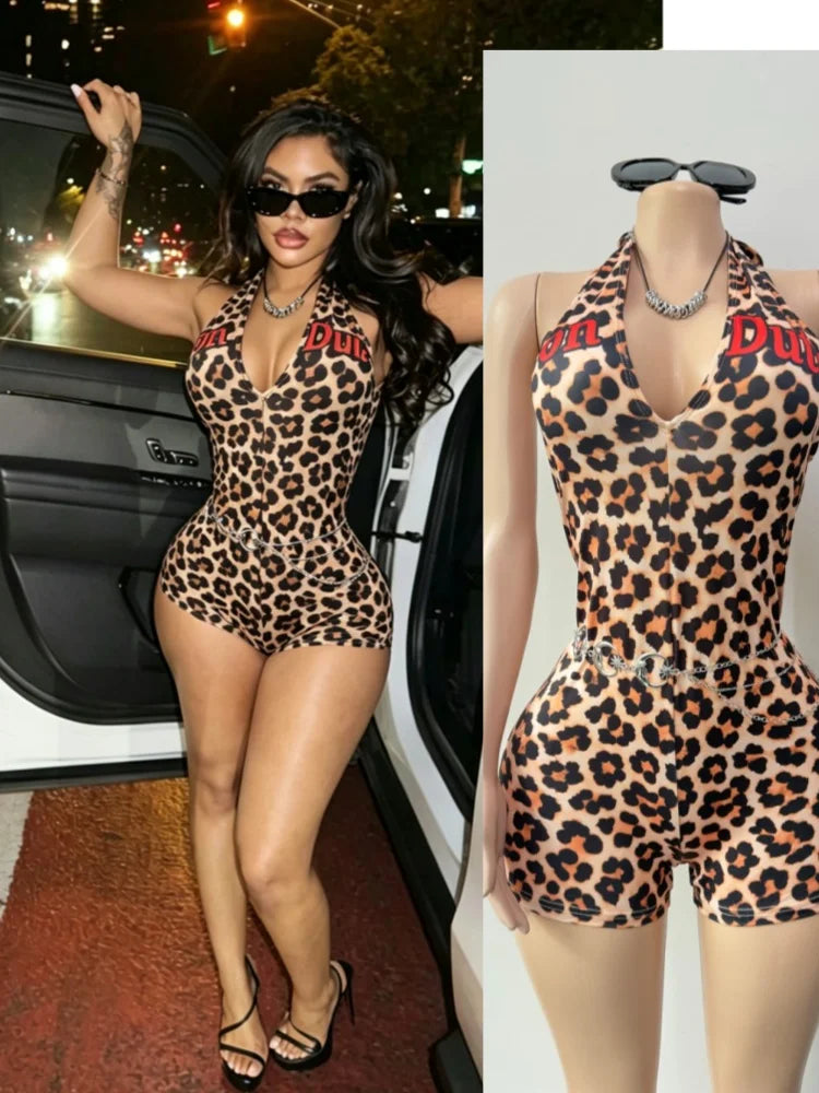 Joskaa 2026 Summer Women's Print Backless Playsuit Sexy Cross Halter Bandage Deep V-Neck Sleeveless Skinny Romper Party Clubwear