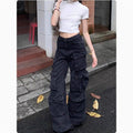 American vintage washed black heavy duty multi-pocket gunmetal work trousers women's autumn Spice Girls loose fried street jeans