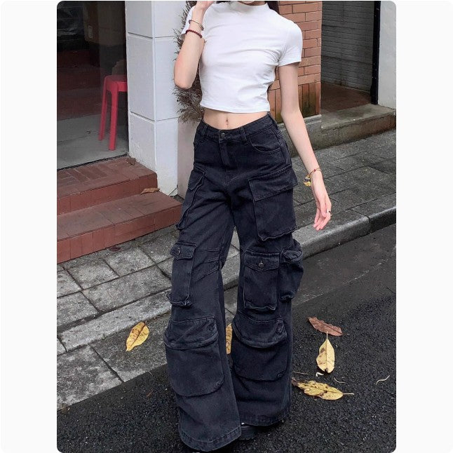 American vintage washed black heavy duty multi-pocket gunmetal work trousers women's autumn Spice Girls loose fried street jeans